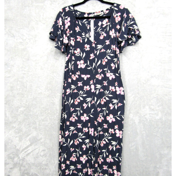 Billabong Fluttering Heart Jumpsuit Size L Blue Pink Floral Print Pockets V-Neck - Picture 1 of 12
